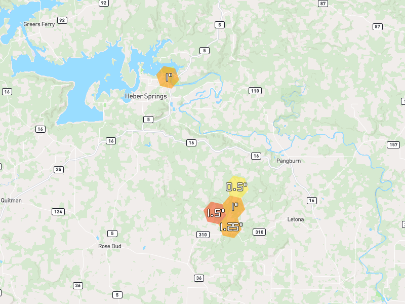 Hail map of Heber Springs, AR on Jul 3, 2026, hail up to 1.5"