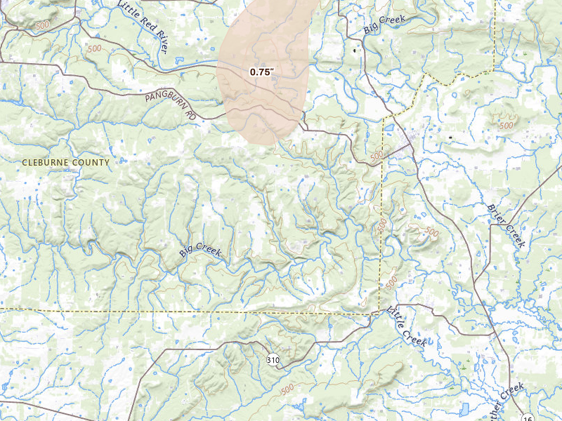 Radar-estimated hail-size map of the storm over Heber Springs, AR on Jul 11, 2026