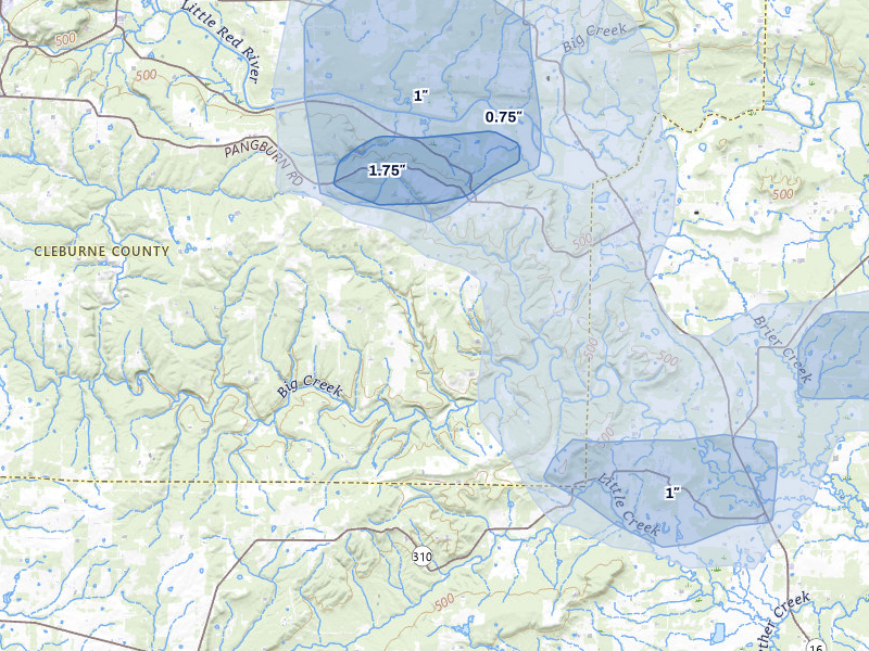 NEXRAD radar-signature map of the hail storm over Heber Springs, AR on Jul 11, 2026