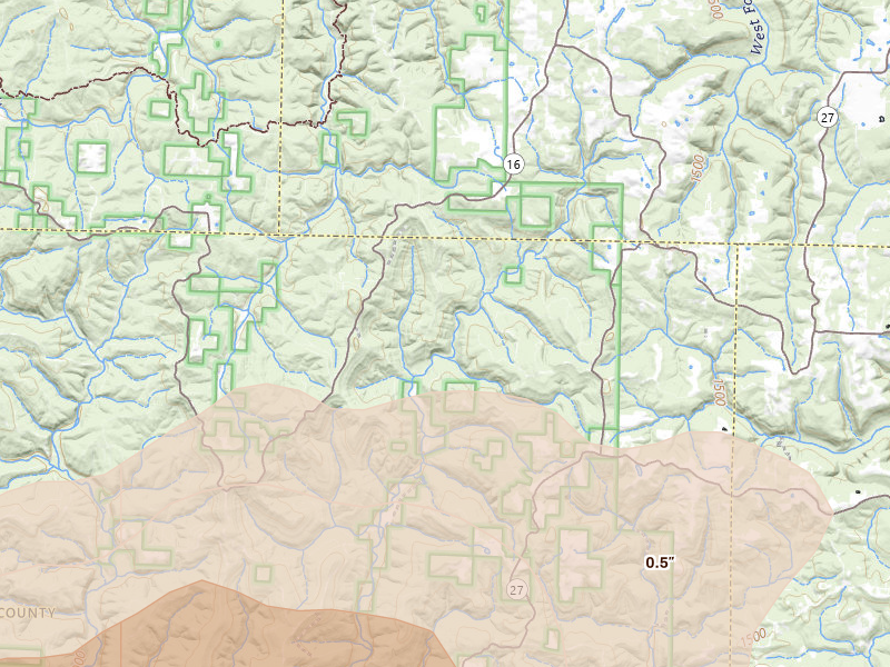 Radar-estimated hail-size map of the storm over Hector, AR on Apr 28, 2026
