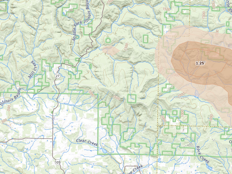 Radar-estimated hail-size map of the storm over Hector, AR on May 10, 2026