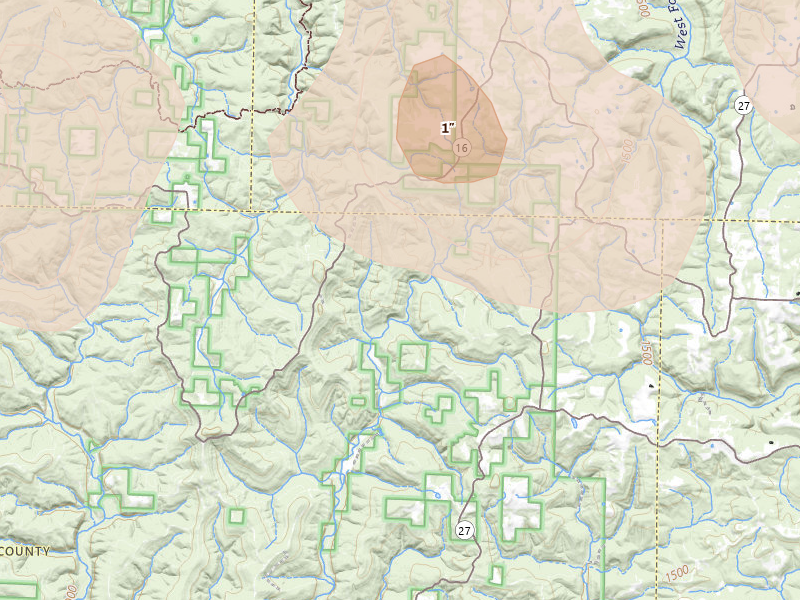 Radar-estimated hail-size map of the storm over Hector, AR on Jun 1, 2026