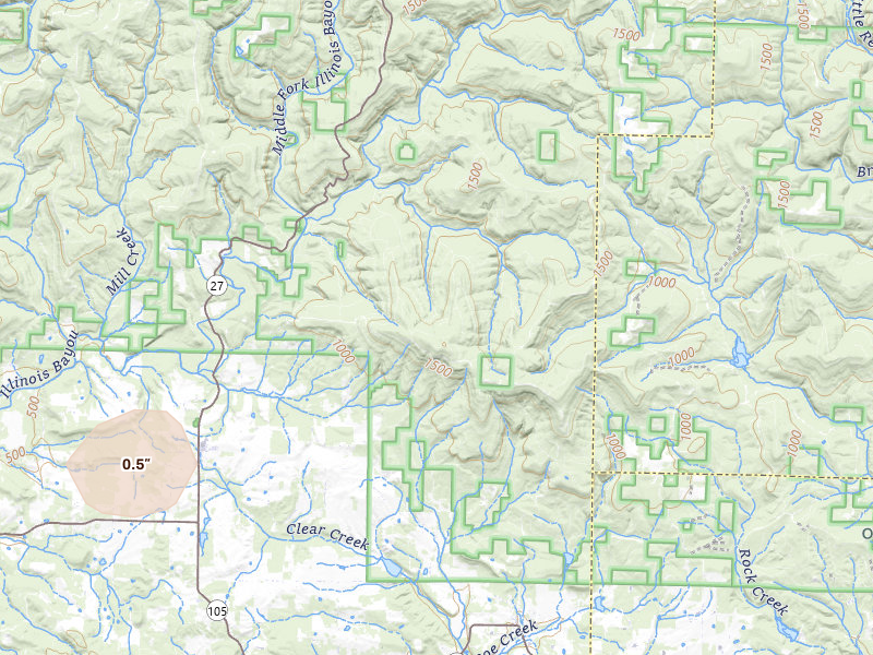 Radar-estimated hail-size map of the storm over Hector, AR on Jul 10, 2026