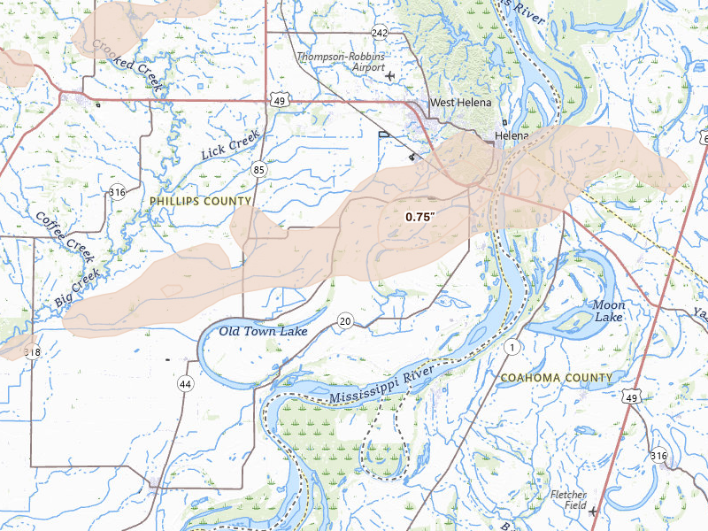 Radar-estimated hail-size map of the storm over Helena, AR on Mar 15, 2026