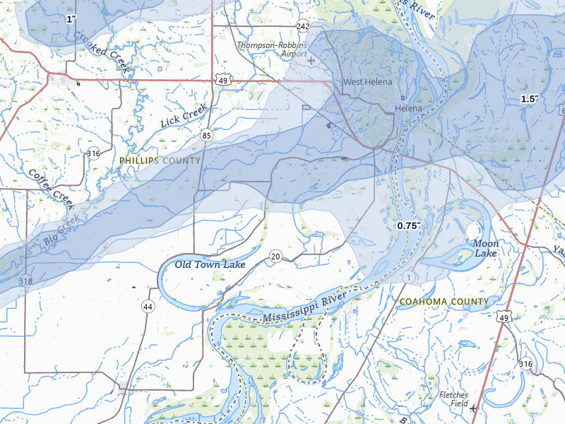NEXRAD radar-signature map of the hail over Helena, AR