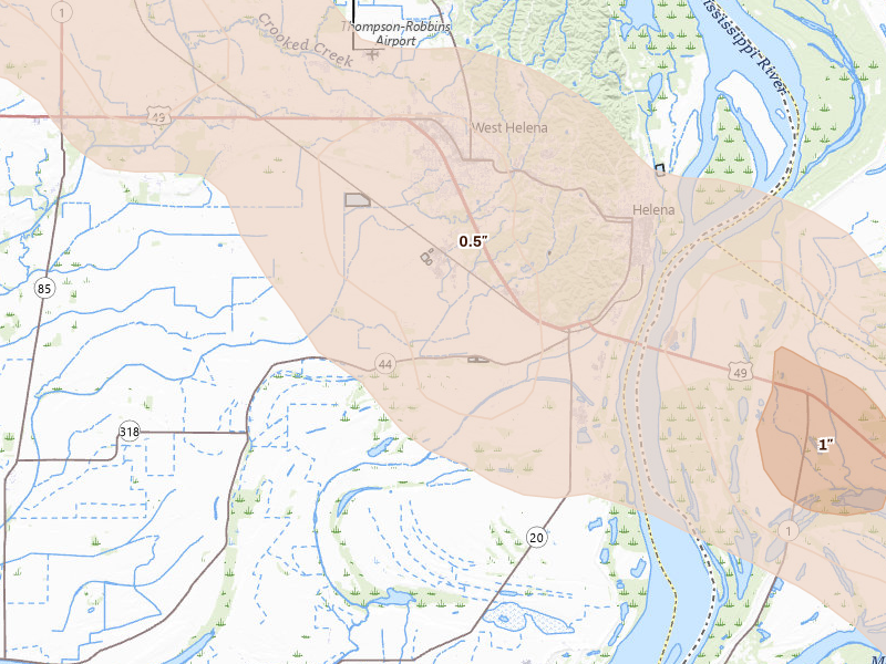 Radar-estimated hail-size map of the storm over Helena, AR on Aug 22, 2026