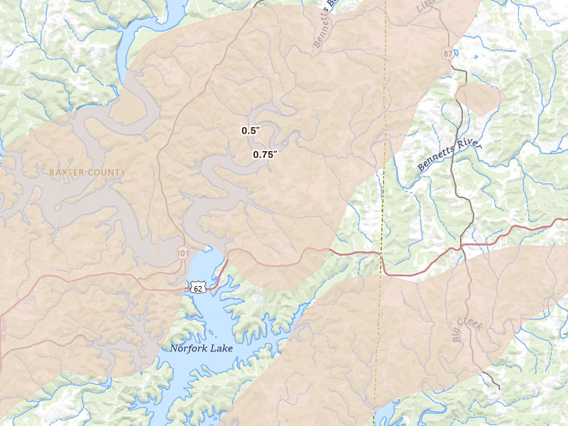 Radar-estimated hail-size map of the storm over Henderson, AR on Mar 15, 2026
