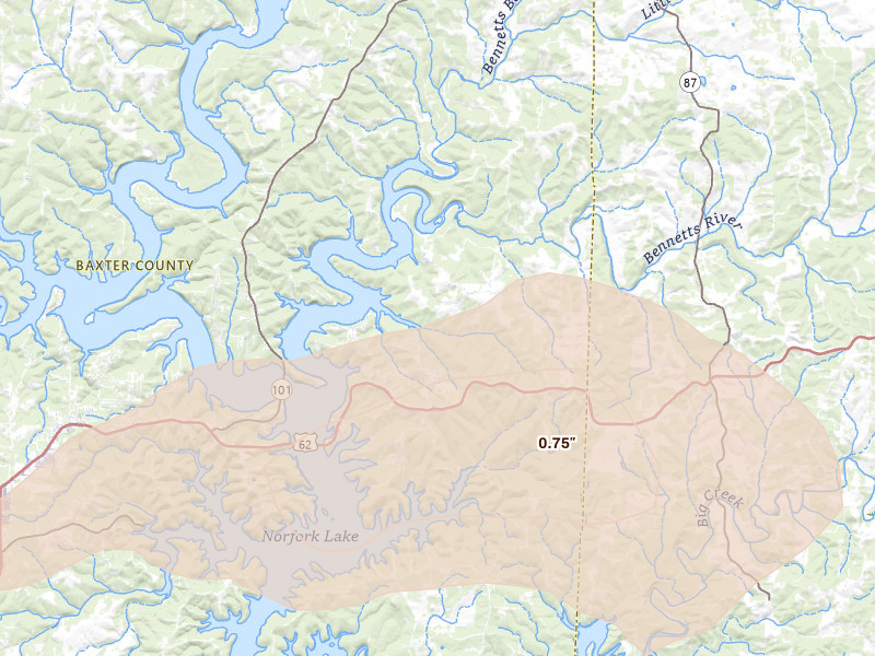 Radar-estimated hail-size map of the storm over Henderson, AR on Jun 13, 2026