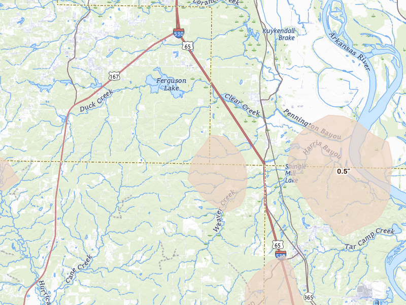 Radar-estimated hail-size map of the storm over Hensley, AR on Mar 15, 2026