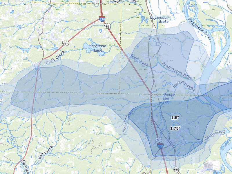NEXRAD radar-signature map of the hail over Hensley, AR