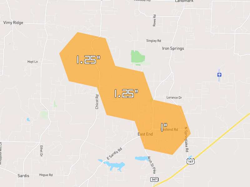 Hail map of Hensley, AR on Jun 2, 2026, hail up to 1.25"