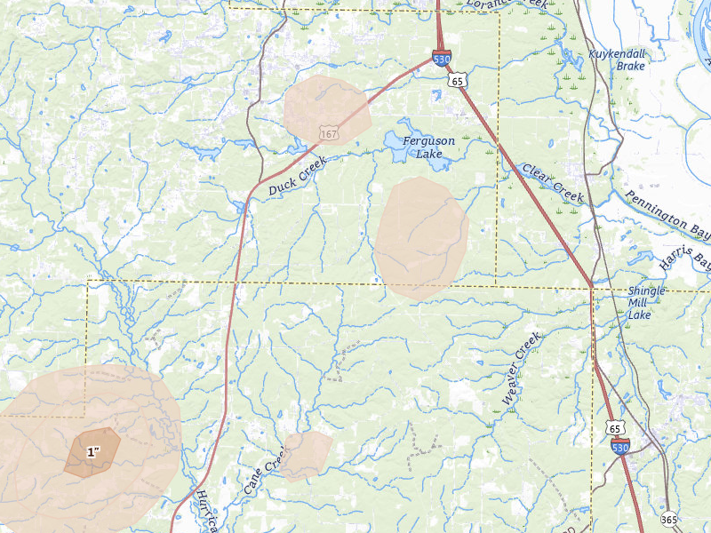 Radar-estimated hail-size map of the storm over Hensley, AR on Aug 7, 2026