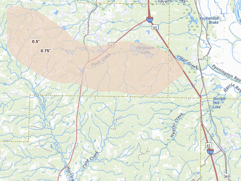 Radar-estimated hail-size map of the storm over Hensley, AR on Aug 22, 2026