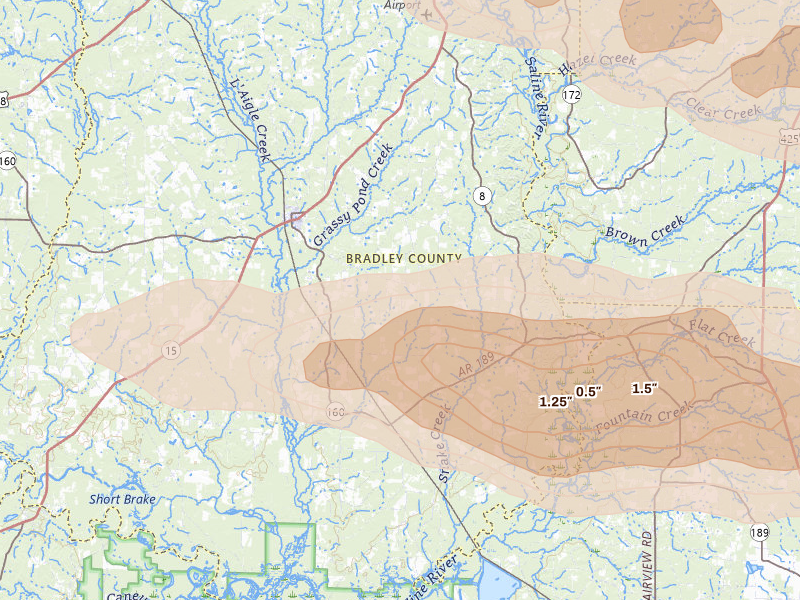 Radar-estimated hail-size map of the storm over Hermitage, AR on Apr 28, 2026