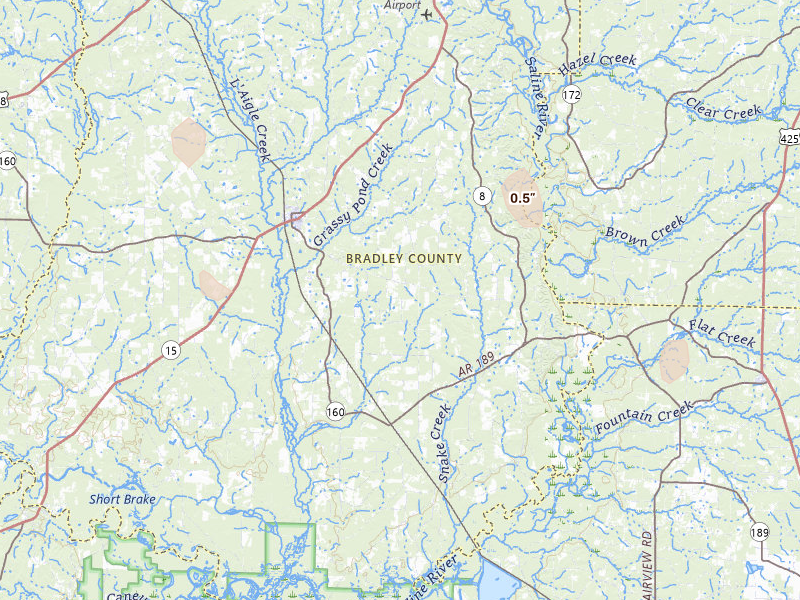 Radar-estimated hail-size map of the storm over Hermitage, AR on May 23, 2026