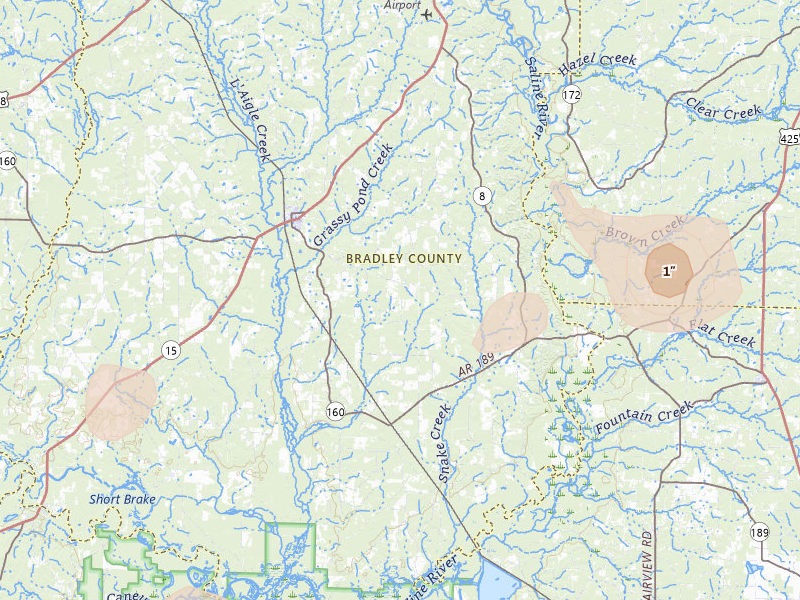 Radar-estimated hail-size map of the storm over Hermitage, AR on Jun 1, 2026