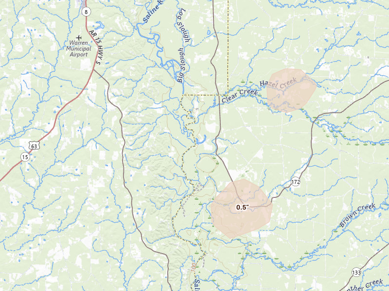 Radar-estimated hail-size map of the storm over Hermitage, AR on Jul 4, 2026
