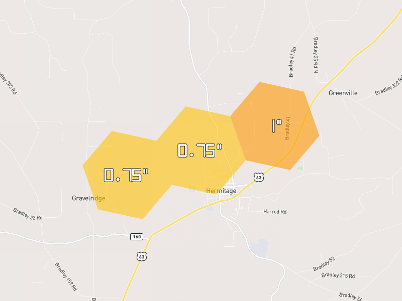 Hail map of Hermitage, AR on Jul 4, 2026, hail up to 1"