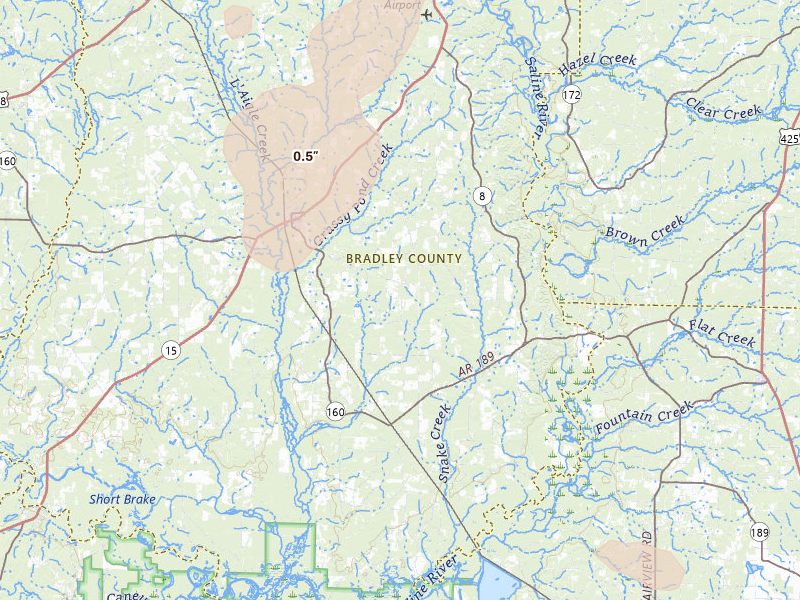 Radar-estimated hail-size map of the storm over Hermitage, AR on Jul 8, 2026