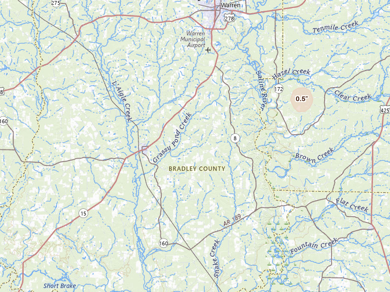 Radar-estimated hail-size map of the storm over Hermitage, AR on Jul 14, 2026