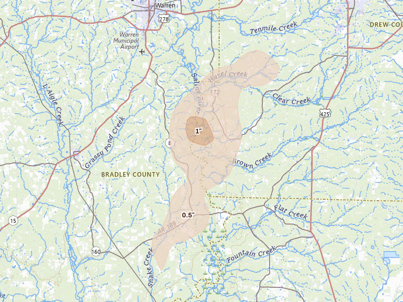 Radar-estimated hail-size map of the storm over Hermitage, AR on Aug 7, 2026