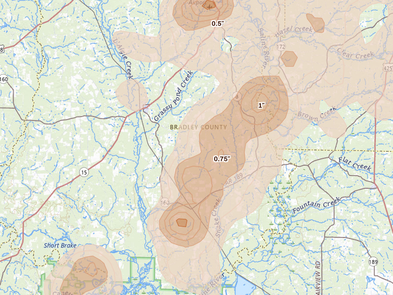 Radar-estimated hail-size map of the storm over Hermitage, AR on Aug 20, 2026