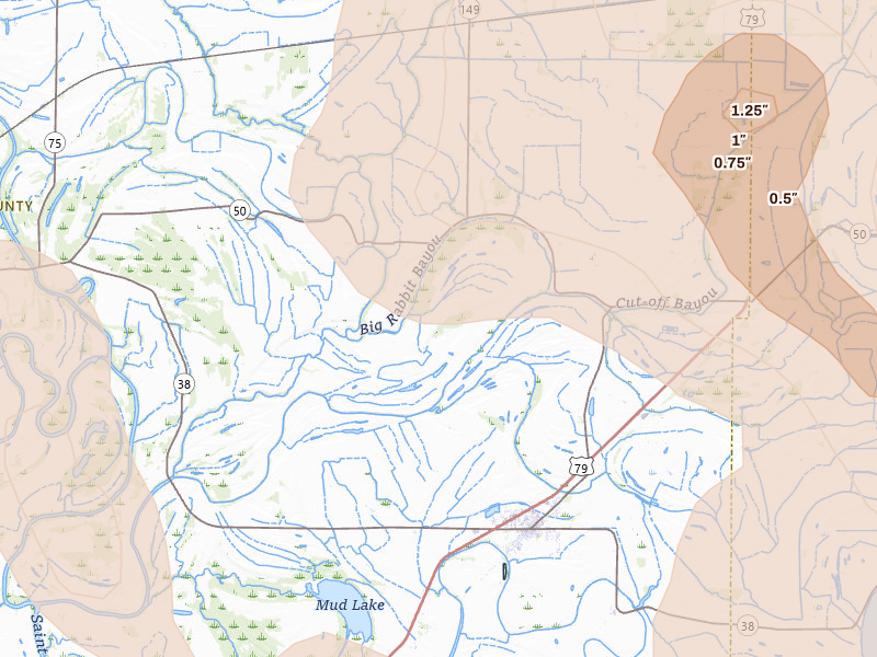 Radar-estimated hail-size map of the storm over Heth, AR on Jun 1, 2026
