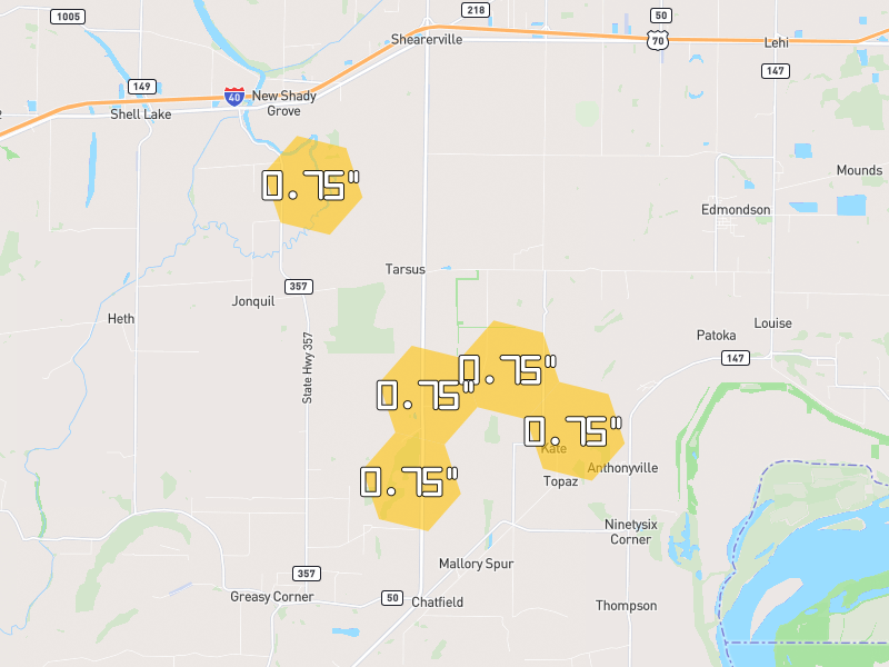 Hail map of Heth, AR on Jun 1, 2026, hail up to 0.75"