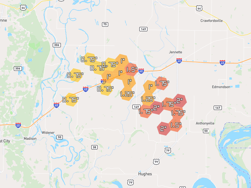 Hail map of Heth, AR on Jun 2, 2026, hail up to 2"