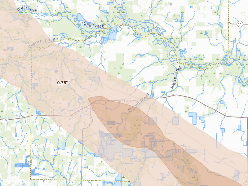 Radar-estimated hail-size map of the storm over Hickory Plains, AR on Feb 26, 2026