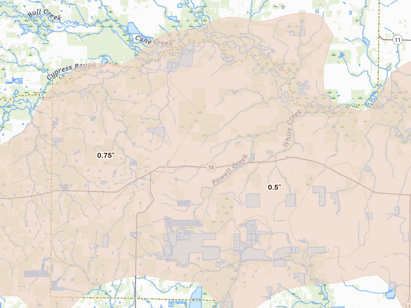 Radar-estimated hail-size map of the storm over Hickory Plains, AR on Mar 15, 2026