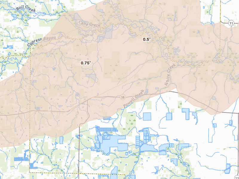 Radar-estimated hail-size map of the storm over Hickory Plains, AR on Apr 28, 2026