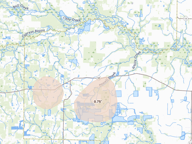 Radar-estimated hail-size map of the storm over Hickory Plains, AR on Jul 4, 2026