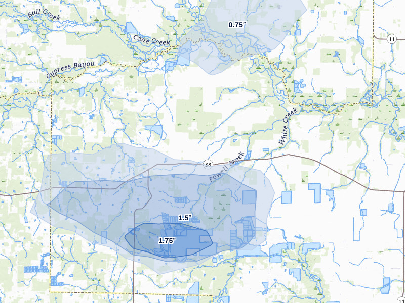NEXRAD radar-signature map of the hail storm over Hickory Plains, AR on Jul 4, 2026