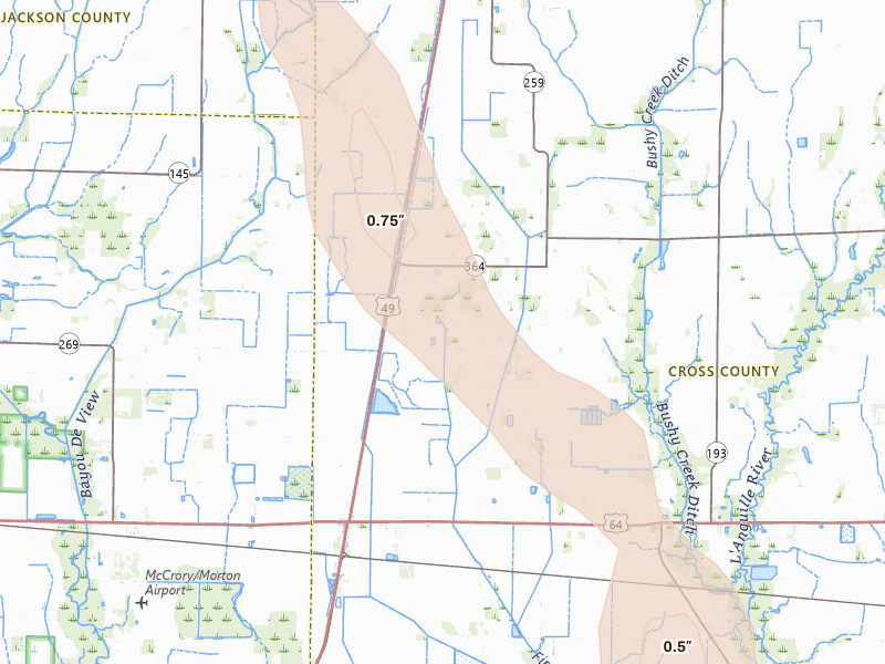 Radar-estimated hail-size map of the storm over Hickory Ridge, AR on Jun 24, 2026