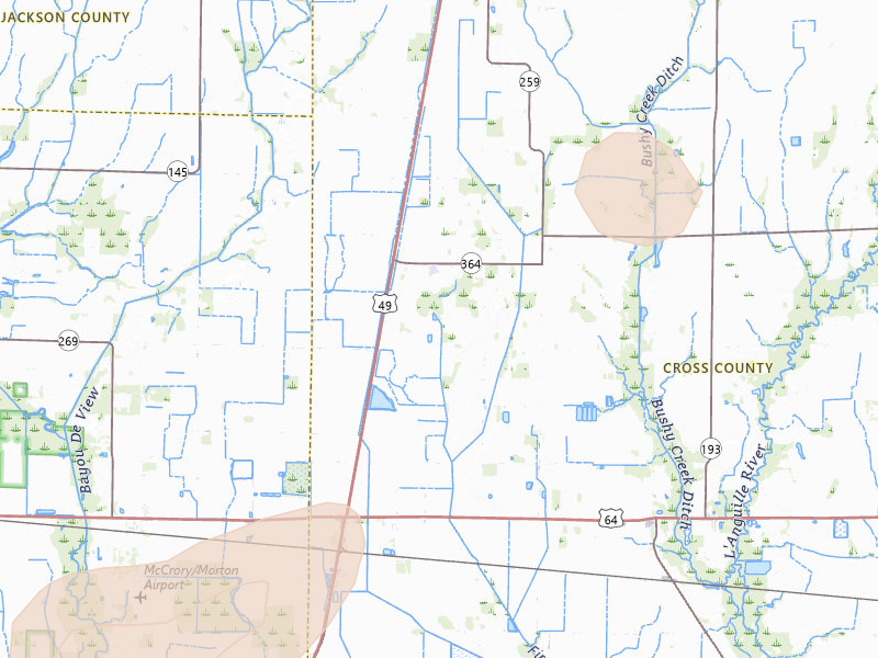 Radar-estimated hail-size map of the storm over Hickory Ridge, AR on Jul 11, 2026