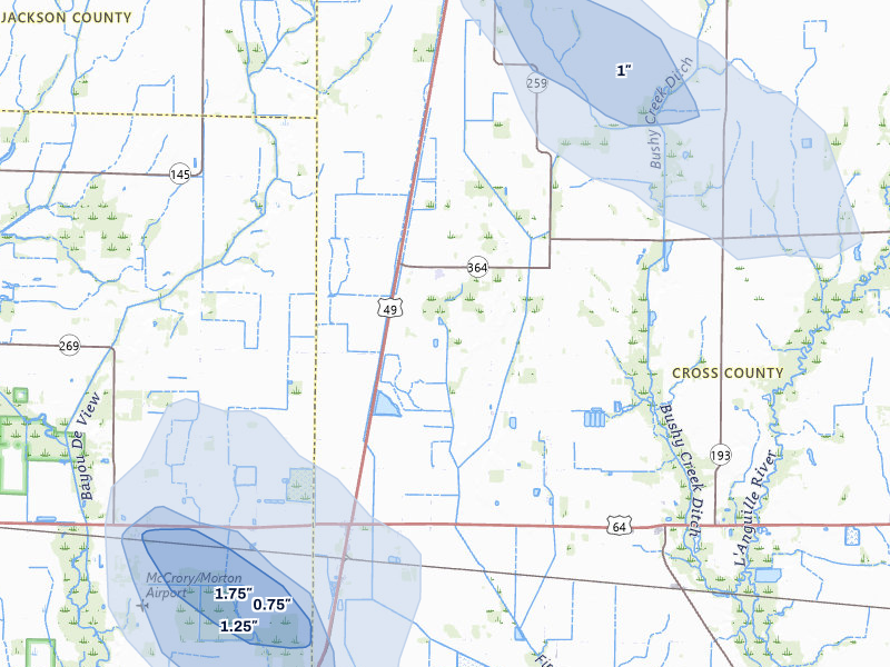 NEXRAD radar-signature map of the hail storm over Hickory Ridge, AR on Jul 11, 2026