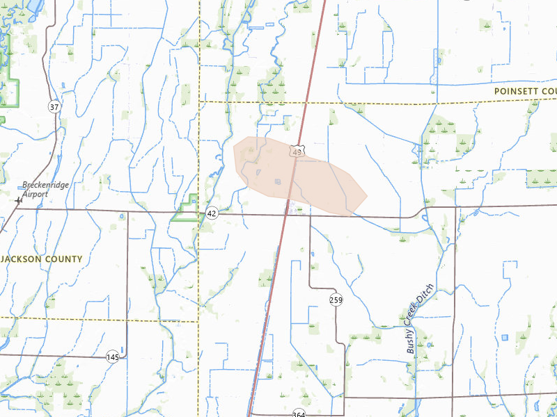 Radar-estimated hail-size map of the storm over Hickory Ridge, AR on Aug 22, 2026