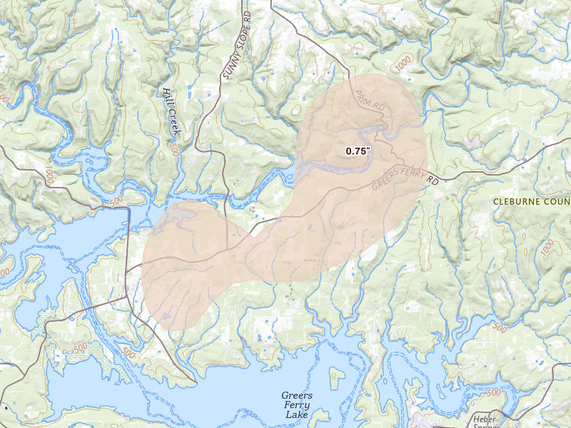 Radar-estimated hail-size map of the storm over Higden, AR on Mar 15, 2026
