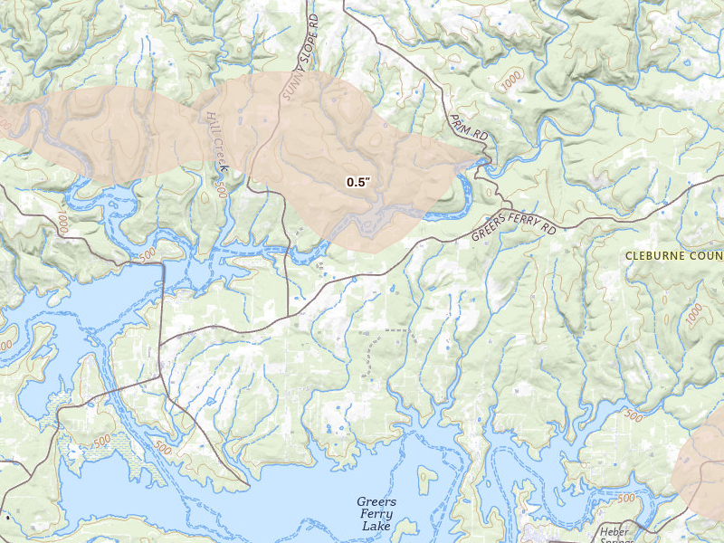 Radar-estimated hail-size map of the storm over Higden, AR on Apr 27, 2026
