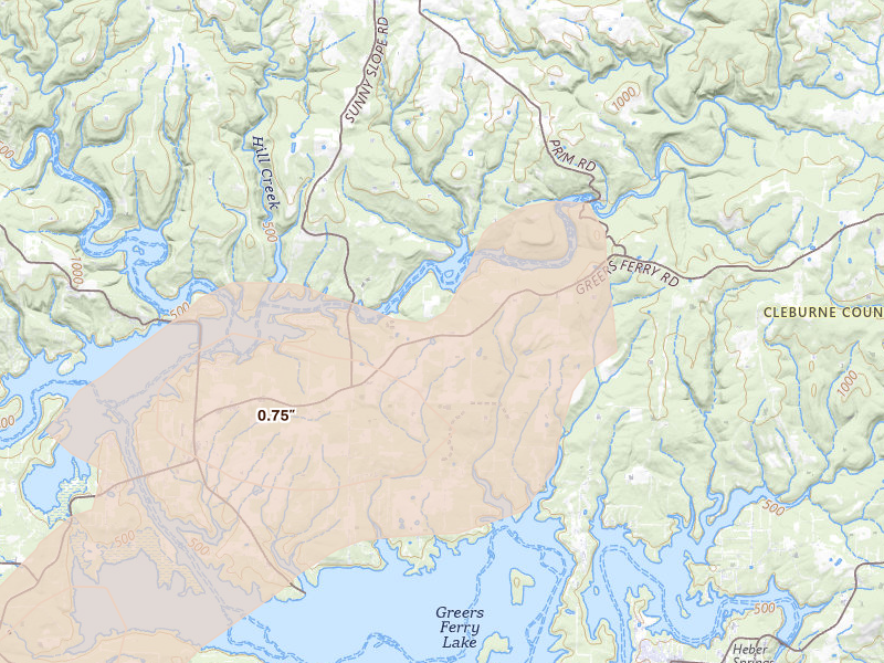 Radar-estimated hail-size map of the storm over Higden, AR on Jul 11, 2026