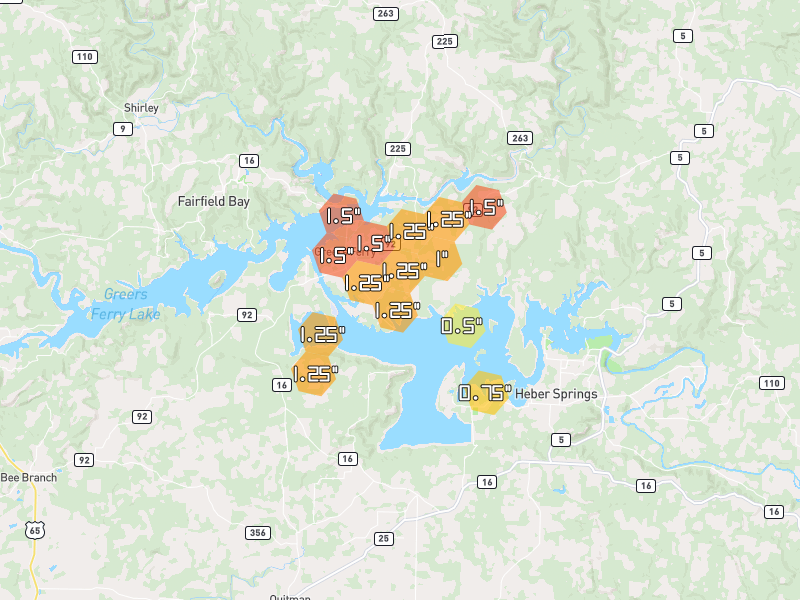 Hail map of Higden, AR on Jul 11, 2026, hail up to 1.5"