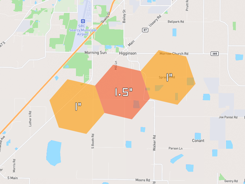 Hail map of Higginson, AR on Jun 1, 2026, hail up to 1.5"