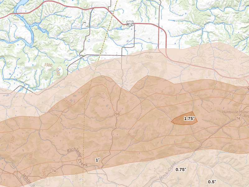 Radar-estimated hail-size map of the storm over Hindsville, AR on Apr 28, 2026