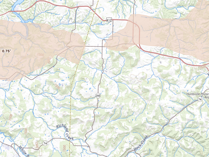 Radar-estimated hail-size map of the storm over Hindsville, AR on Jul 11, 2026