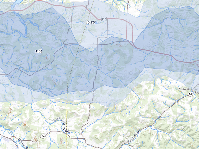 NEXRAD radar-signature map of the hail storm over Hindsville, AR on Jul 11, 2026