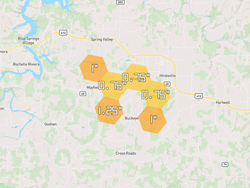 Hail map of Hindsville, AR on Jul 11, 2026, hail up to 1.25"