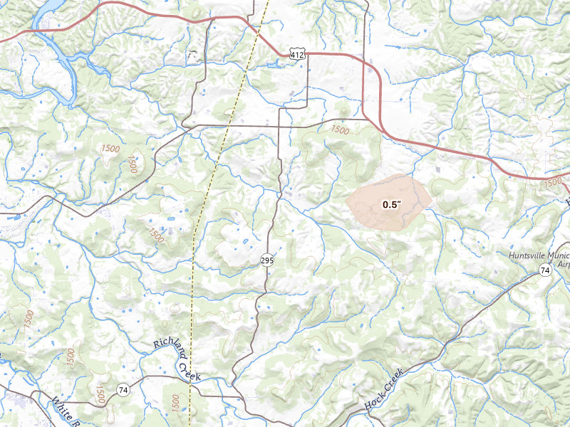 Radar-estimated hail-size map of the storm over Hindsville, AR on Aug 7, 2026