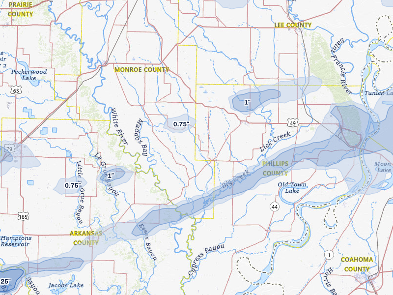 NEXRAD radar-signature map of the hail over Holly Grove, AR
