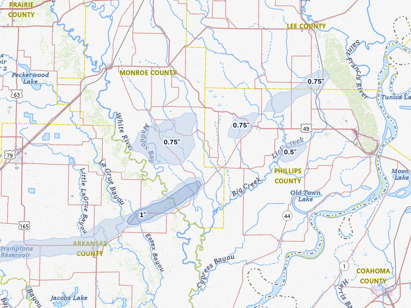 NEXRAD radar-signature map of the hail storm over Holly Grove, AR on Apr 28, 2026